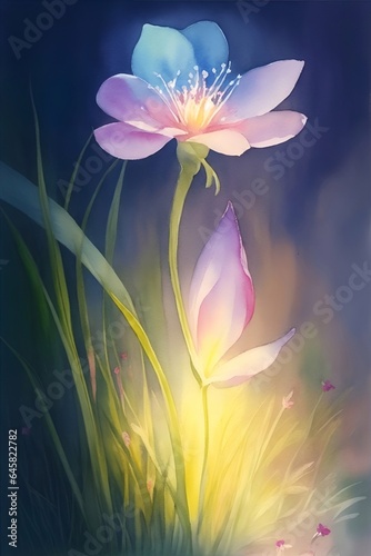 Fairy tale cute closeup flowers. Watercolor style. AI generated illustaration