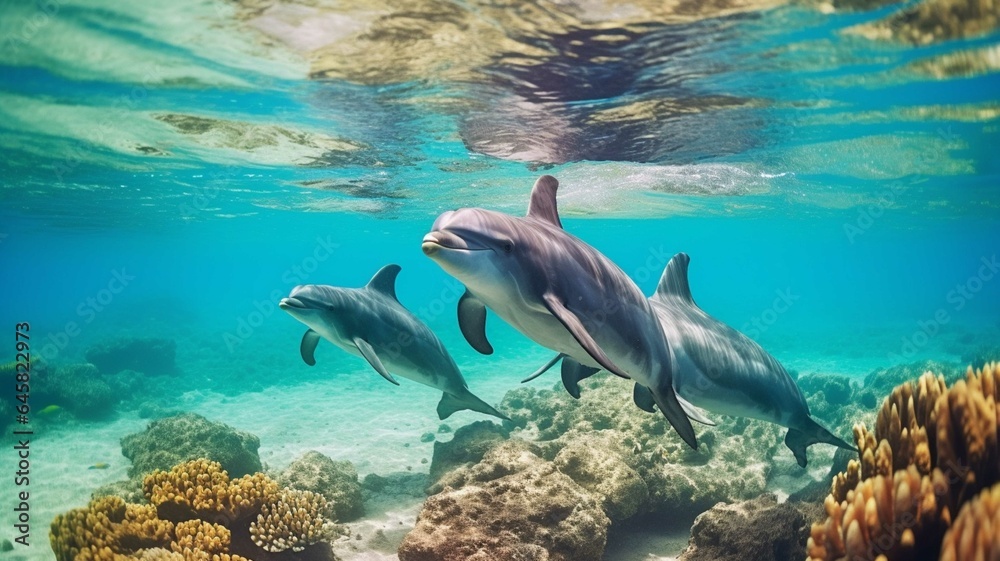 Dolphins swimming over coral reef in the Red Sea. Toned image
