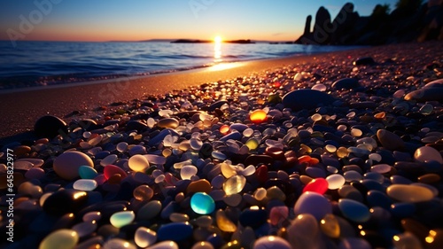 Colorful glass hearts on the beach at sunset. Colorful stones on the beach.