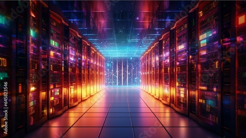Futuristic server room with glowing lights and lightning. 3D rendering 