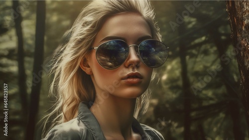 Portrait of a beautiful young woman in sunglasses in a summer forest