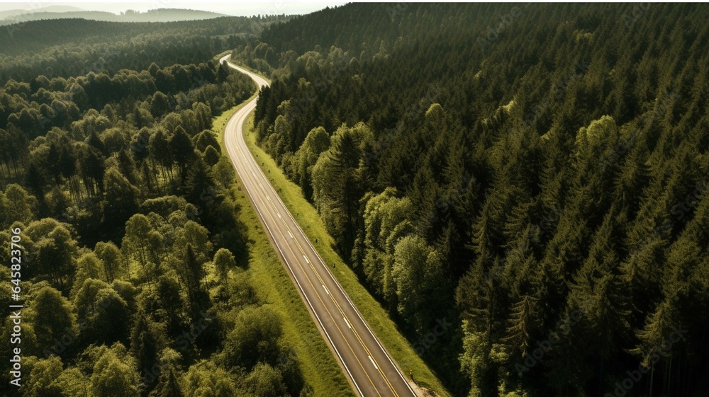 Fototapeta premium Aerial view of a road in the middle of a forest.