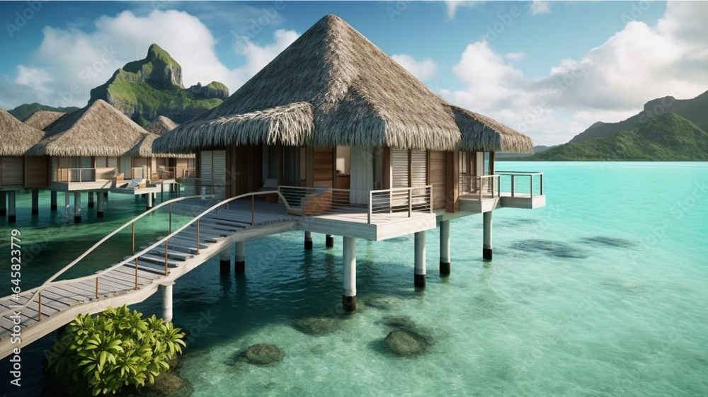 Tropical beach with water bungalows and palm trees