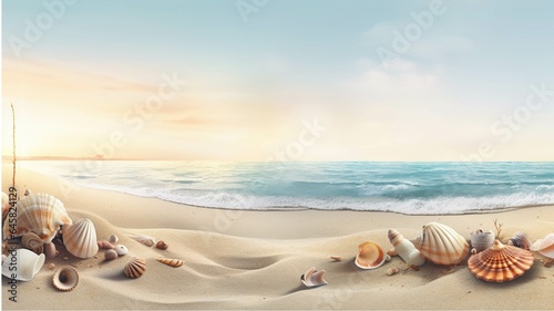Seashells on the beach at sunset. 3d rendering