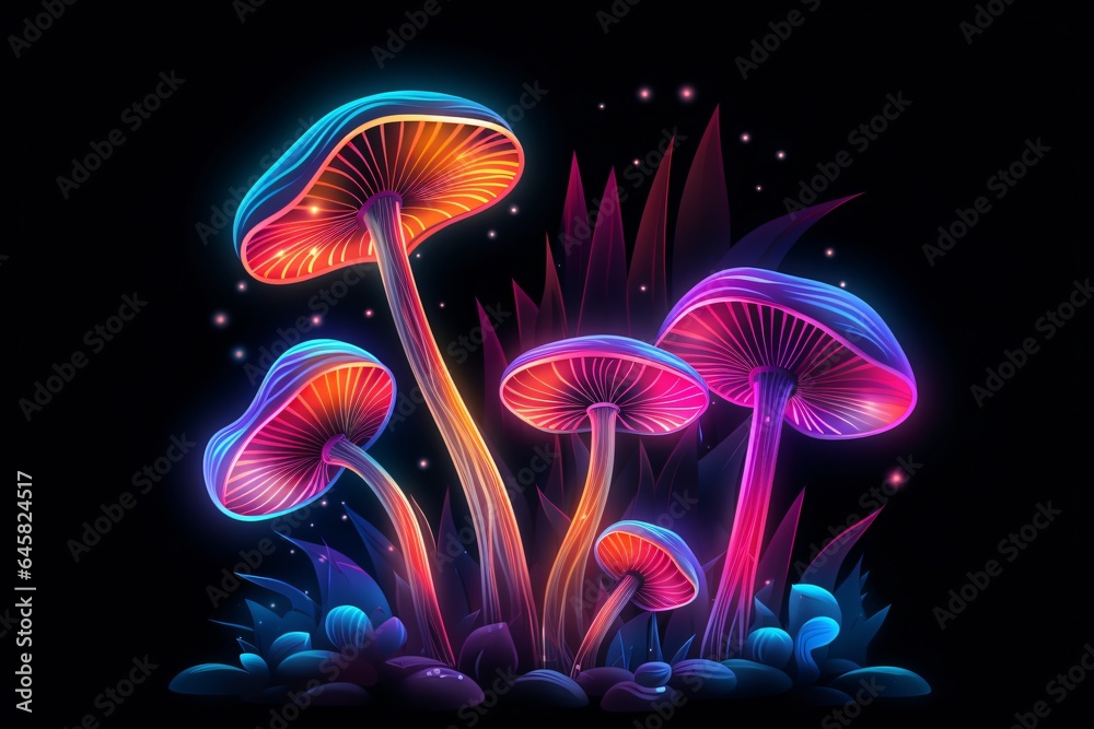 Radiant neon mushrooms graphic illustration