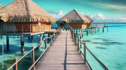 Tropical beach with water bungalows and palm trees © Samira
