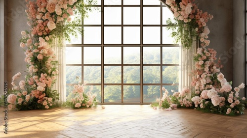  Interior of a wedding hall decorated with flowers 3d rendering