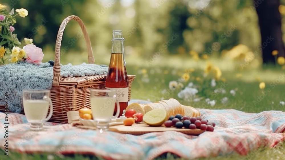 Picnic in the park. Picnic basket with fruit, wine, cheese, bread and croissant.
