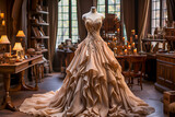 Haute couture evening lush beige full length dress with beautiful ornament in a tailor room, atelier with burning candles
