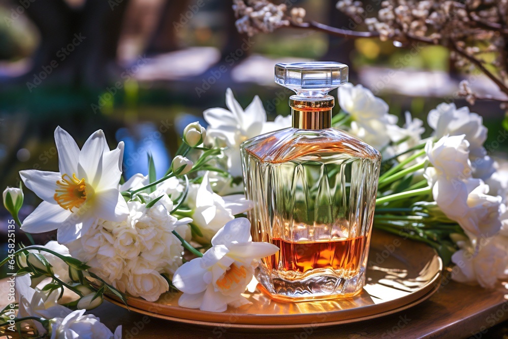 Glass perfume bottle with white daffodils and tuberose on a golden stand. Luxury women's perfumes and aromatherapy. Spring summer concept. Copy space