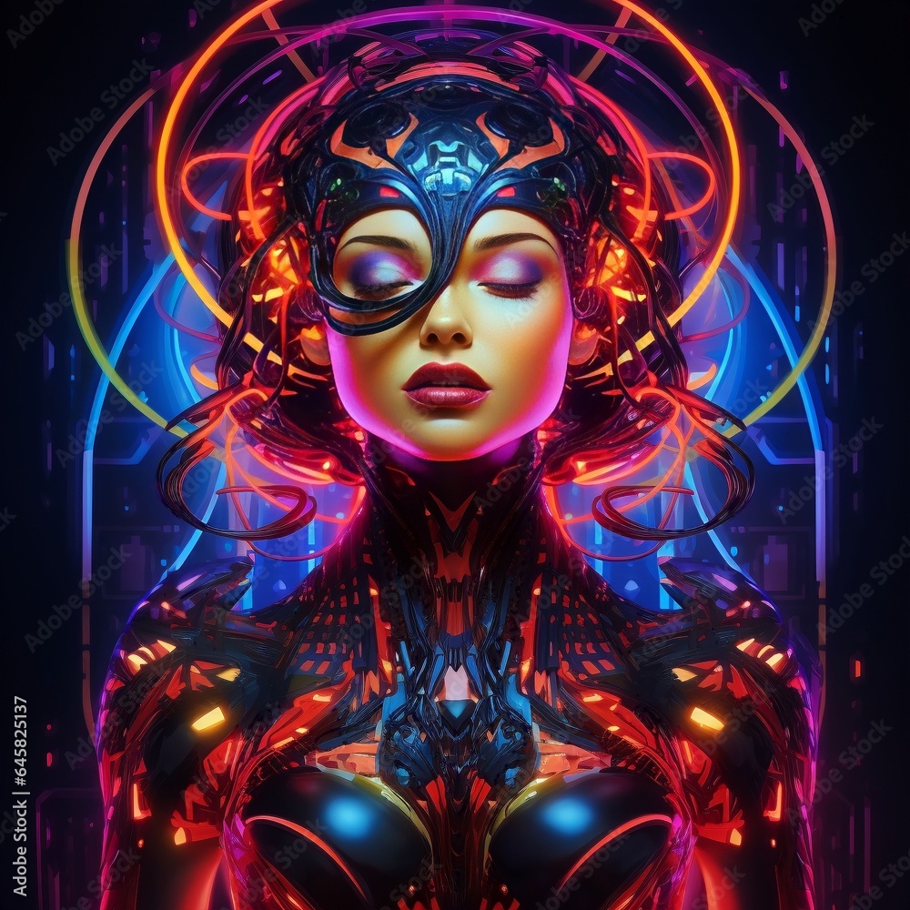 futuristic holographic cyberpunk female goddess with bright neon colors
