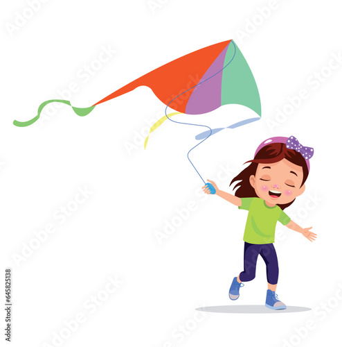 Boy playing kite. Vector illustration of a cheerful boy flying kite