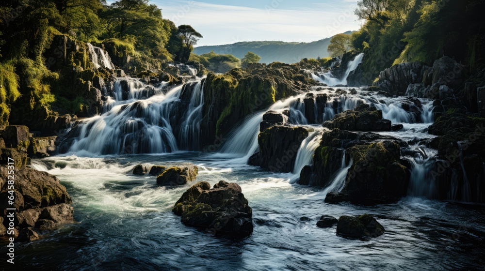 Fototapeta premium Photo of a fast flowing waterfall seen from a distance