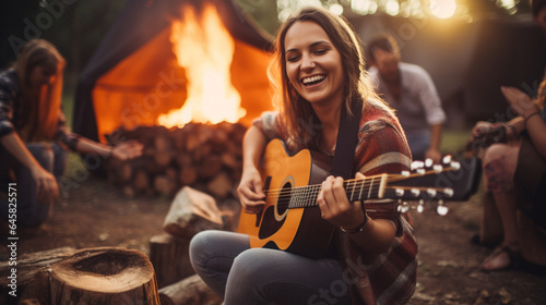 Woman playing guitar and singing at a campfire with friends.
