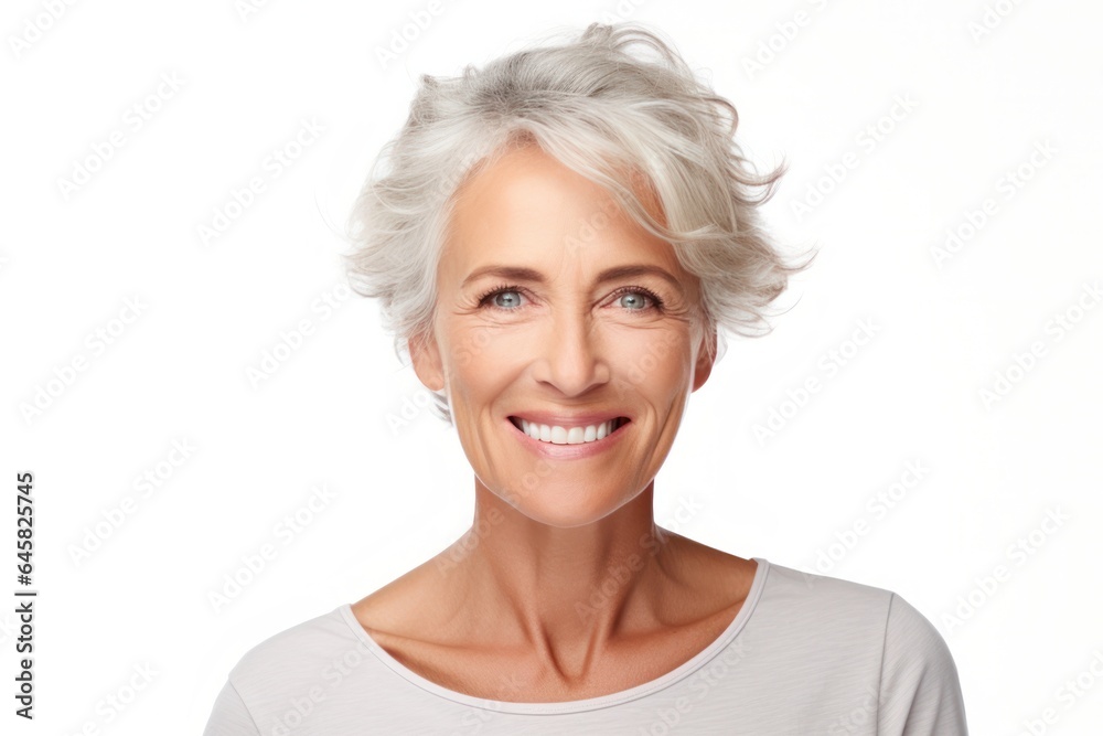 Close Up of Attractive Middle Aged Irish Woman with Healthy Glowing Soft Face and White Teeth. Close Up of Attractive Middle Aged Irish Woman with Healthy Glowing Soft Face and White Teeth.