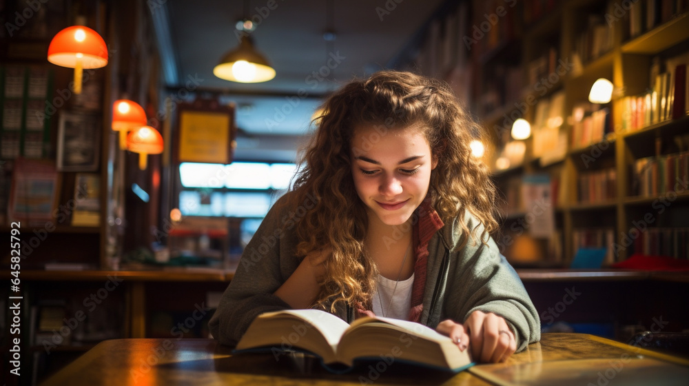 Teenager engrossed in a book in a retro cafe. Teenager engrossed in a book in a retro cafe.