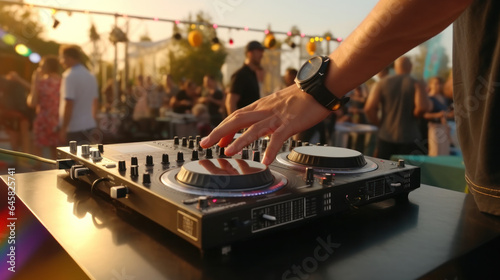 Outdoor Concert Vibes: DJ's Skillful Music Creation and Control on the Console Mixer.