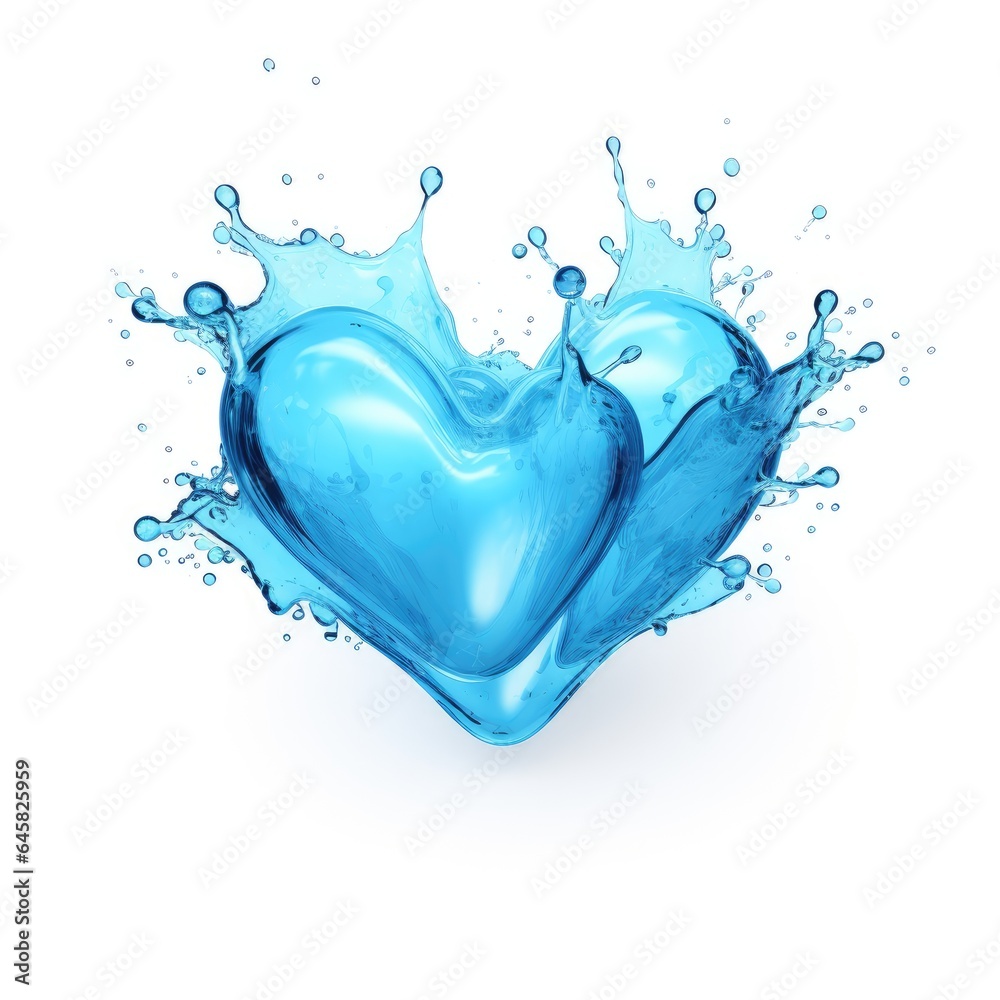 Heart-shaped splash of water or blue liquid on white background - generative AI Heart-shaped splash of water or blue liquid on white background - generative AI