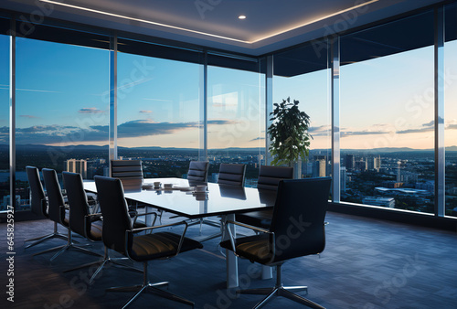 Modern office meeting room interior with glass windows. Created with Generative AI