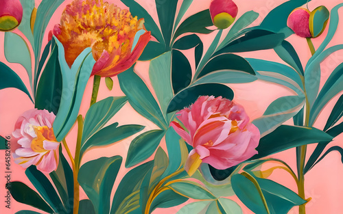 Peony flower banner drawing in traditional mediums. Hand painted orange pumpkins. Fall season banner. Botanical gouache or acrylic illustration. (ID: 645826576)