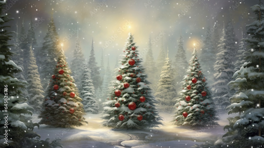 a serene woodland scene with a trio of Christmas Snowmen standing among the trees.