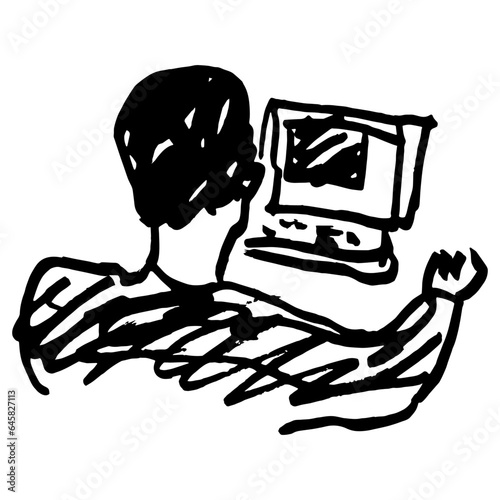 Man from back sitting in front of the computer. Hand drawn linear doodle rough sketch. Black silhouette on white background.