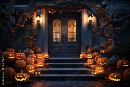 A Spokey Halloween doorway decorated with pumpkins and oranges