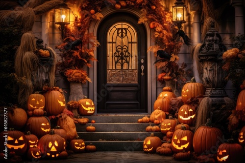A Spokey Halloween doorway decorated with pumpkins and oranges