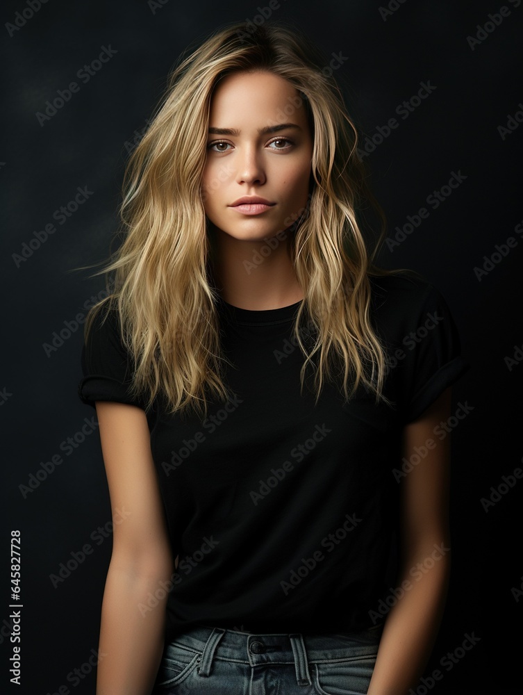 portrait of a woman with wavy hair blonde wearing plain black t-shirt
portrait of a woman with wavy hair blonde wearing plain black t-shirt