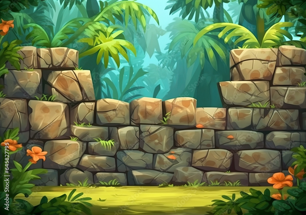 Cartoon Jungle Rocks A clearing in the jungle in front of a ruined stone wall. Natural ...