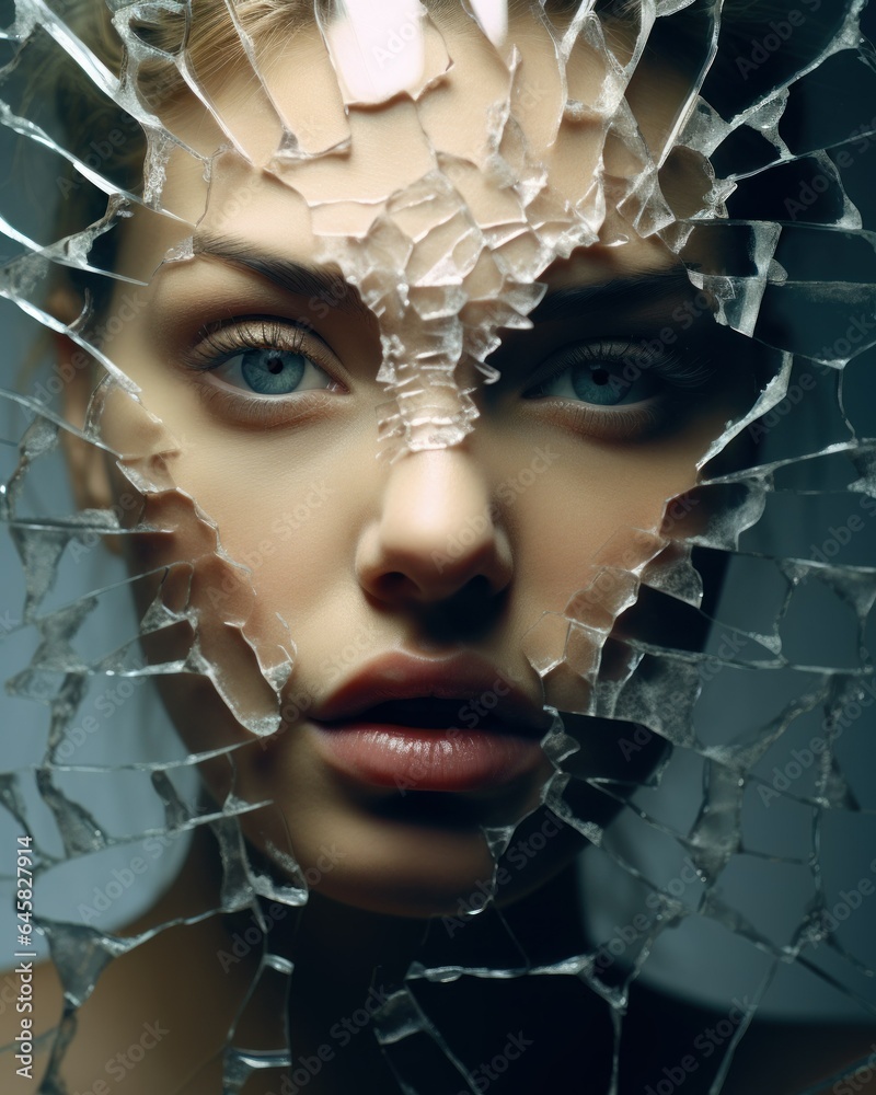 Artistic Portrait of a Fictional Beautiful Woman and Dreamlike Shattered Glass Effect. Generative AI Illustration. Artistic Portrait of a Fictional Beautiful Woman and Dreamlike Shattered Glass Effect. Generative AI Illustration.