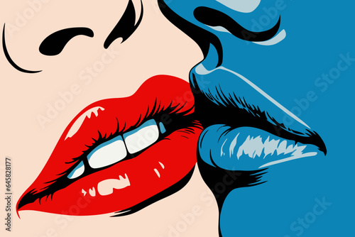 Sexy female lips on colorful background. Cartoon vector illustration in pop art style.