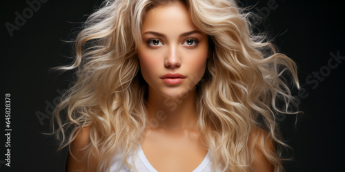 Beautiful young woman with healthy wavy long blonde hair. Hair Style, hair dye, hair care