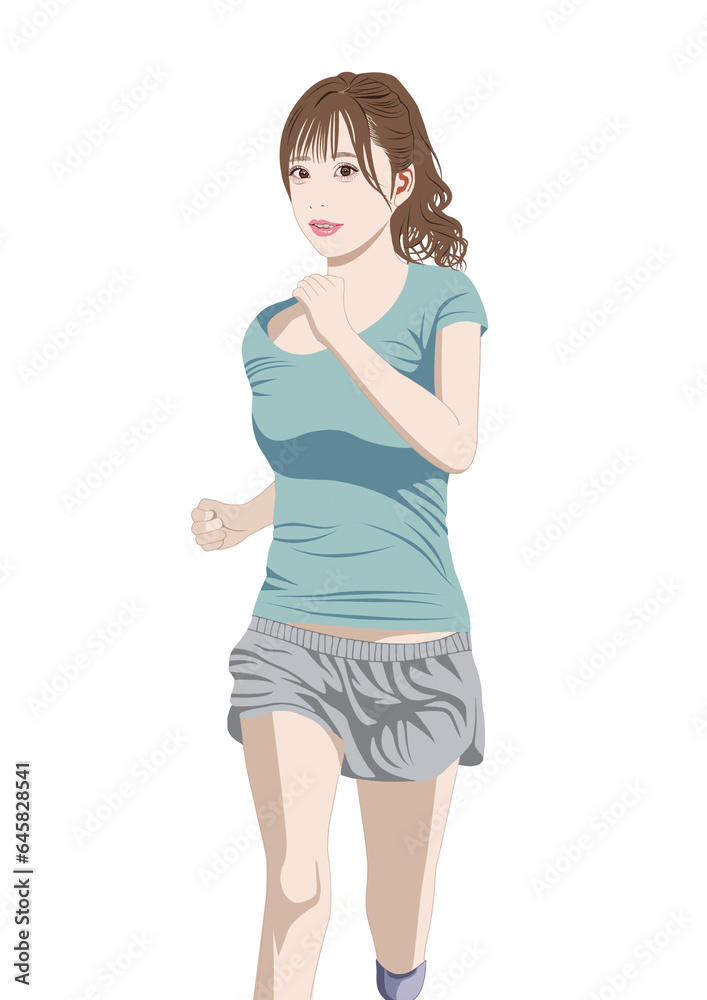 楽しくランニングをする若い女性イラスト 楽しくランニングをする若い女性イラスト