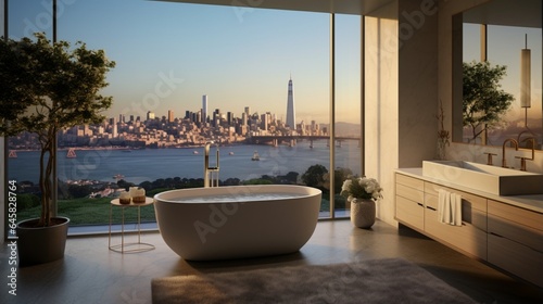 A contemporary bathroom with a freestanding soaking tub and city views