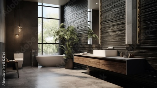 A contemporary bathroom with a floating vanity and textured tile accents