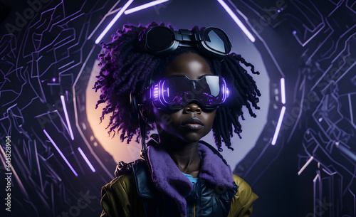 Black curly-haired girl wearing virtual reality headset in futuristic environment