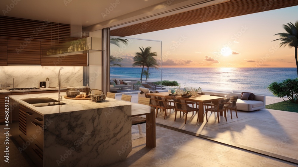 A contemporary beachfront kitchen with panoramic ocean views