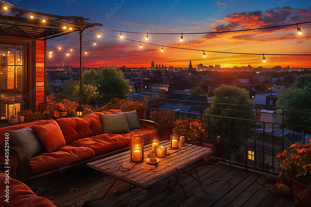 Nice cozy terrace with evening lanterns and soft sofas.