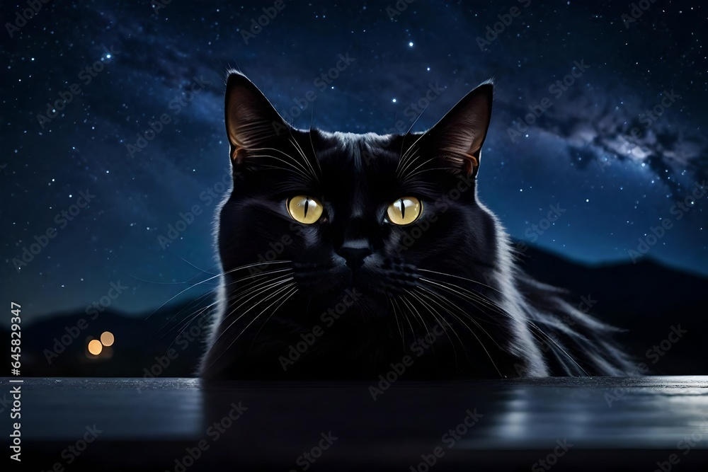 a closeup view of black cat, sitting on the table, night sky view