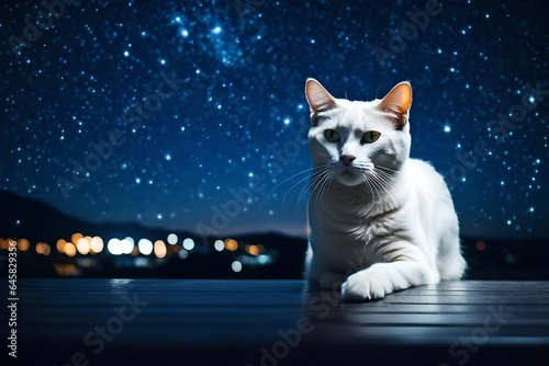 a closeup view of white cat, sitting on the table, night sky view photo