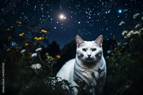 a closeup view of white cat, sitting in the garden, night sky view photo