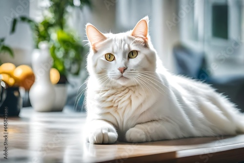 a closeup view of white cat, sitting on the table, day light view photo