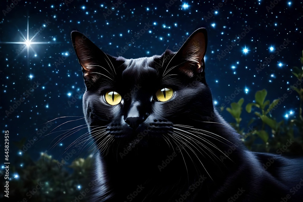 a closeup view of black cat, sitting in the garden, night sky view