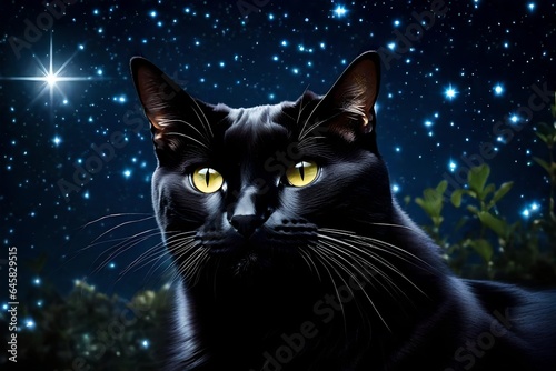 a closeup view of black cat, sitting in the garden, night sky view