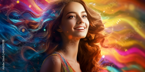 Portrait of young beautiful woman with long flowing perfect healthy dyed hair. Rainbow Hairstyles