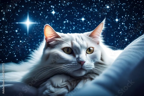 a closeup view of white cat, sitting in the bed, night sky view photo