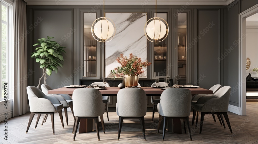 Luxurious modern dining room dark wood paneling large oval dining table plush upholstered chairs globe pendant lights Luxurious modern dining room dark wood paneling large oval dining table plush upholstered chairs globe pendant lights