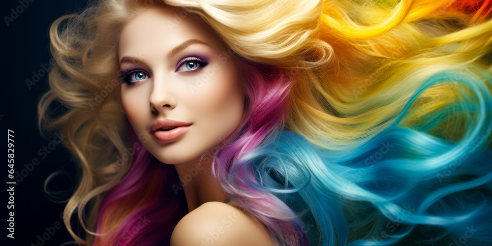 Fototapeta premium Portrait of young beautiful woman with long flowing perfect healthy dyed hair. Rainbow Hairstyles