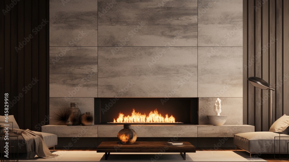 A contemporary fireplace design with clean lines and textured wall